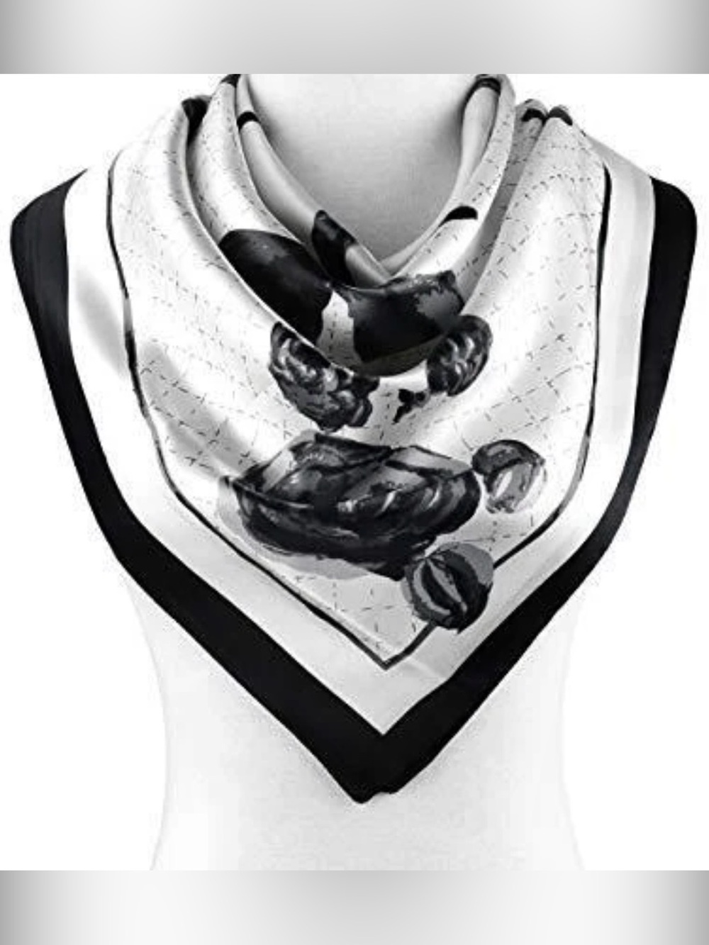 Silky Feel Large White Black Floral Print Scarf Wrap Accessory
